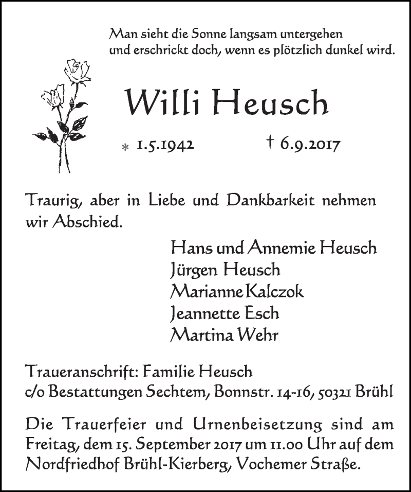  Traueranzeige für Willi Heusch vom 13.09.2017 aus  Schlossbote/Werbekurier 