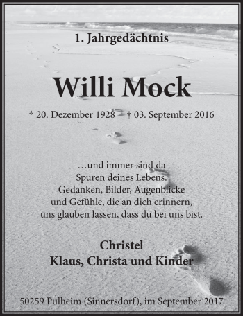 Anzeige von Willi Mock von  Sonntags-Post 
