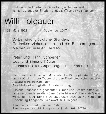 Anzeige von Willi Tolgauer von Kölner Stadt-Anzeiger / Kölnische Rundschau / Express