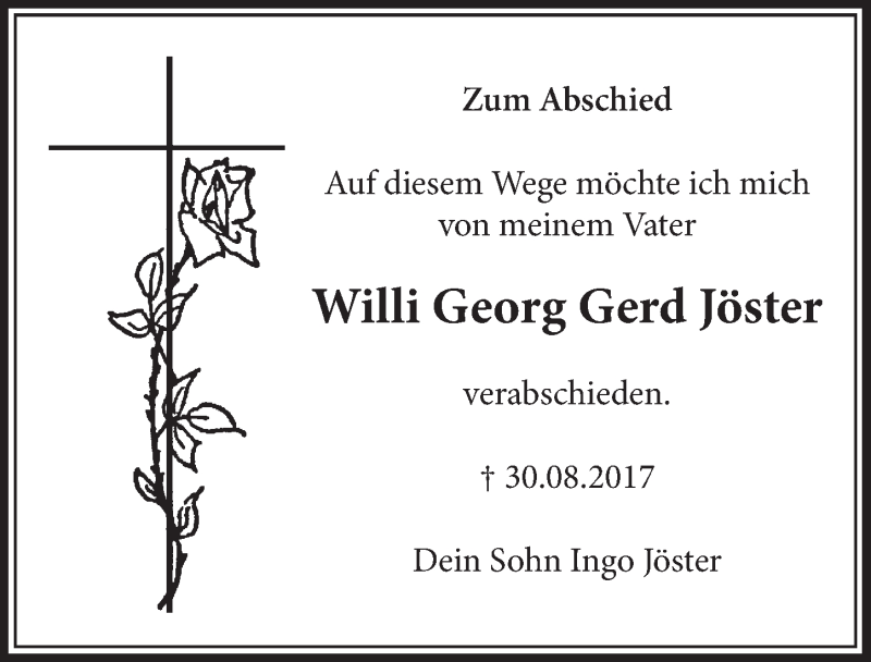  Traueranzeige für Willi Georg Gerd Jöster Jöster vom 13.09.2017 aus  Schlossbote/Werbekurier 