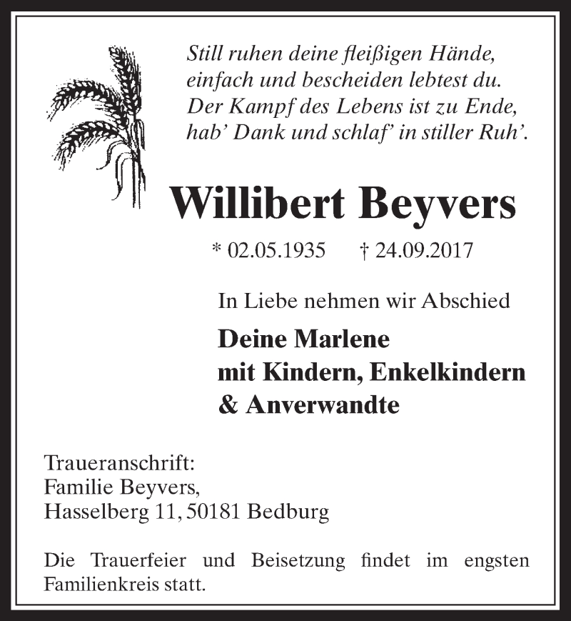  Traueranzeige für Willibert Beyvers vom 27.09.2017 aus  Werbepost 