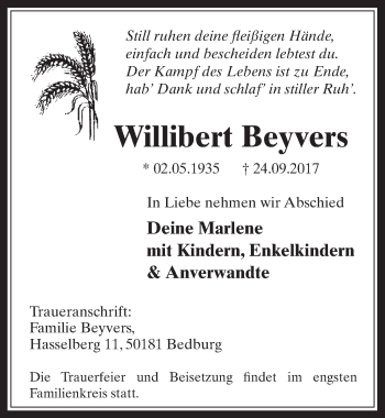 Anzeige von Willibert Beyvers von  Werbepost 