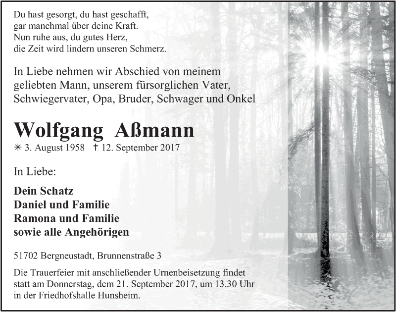  Traueranzeige für Wolfgang Aßmann vom 20.09.2017 aus  Anzeigen Echo 