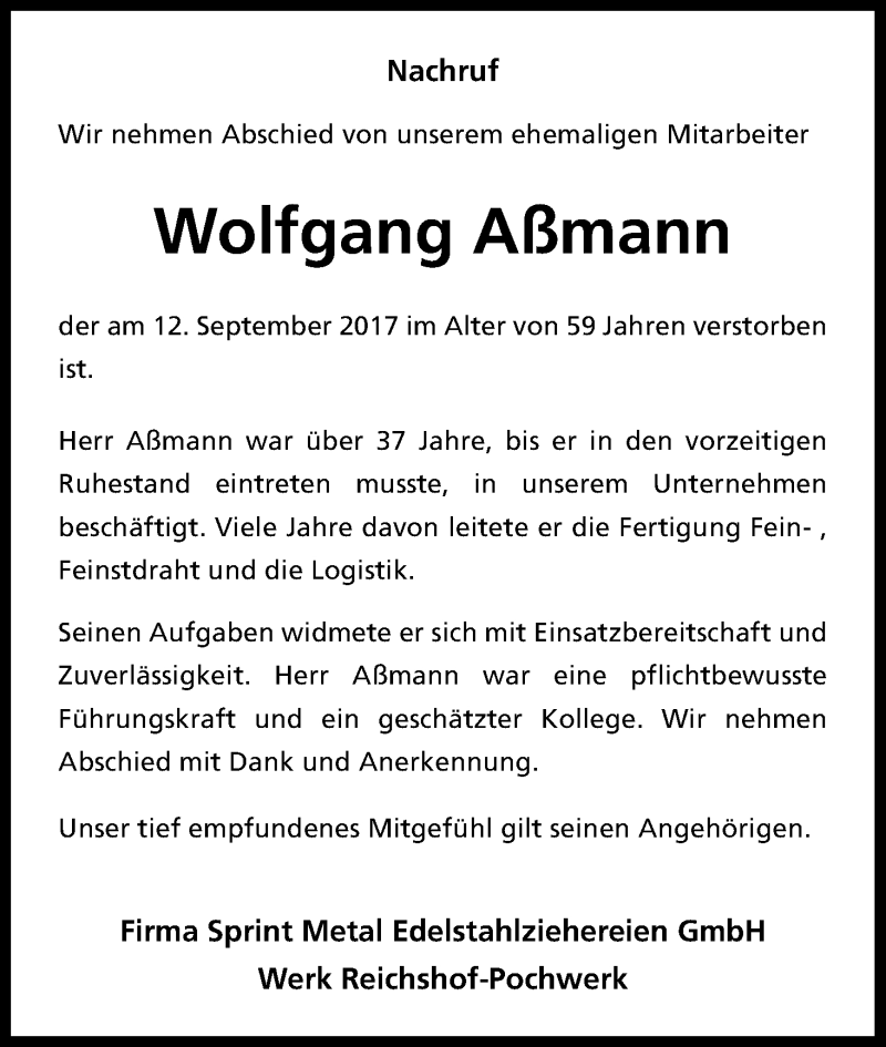  Traueranzeige für Wolfgang Aßmann vom 21.09.2017 aus Kölner Stadt-Anzeiger / Kölnische Rundschau / Express