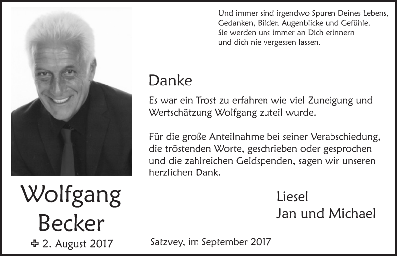  Traueranzeige für Wolfgang Becker vom 02.09.2017 aus  Blickpunkt Euskirchen 