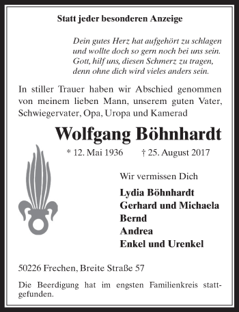 Anzeige von Wolfgang Böhnhardt von  Wochenende 
