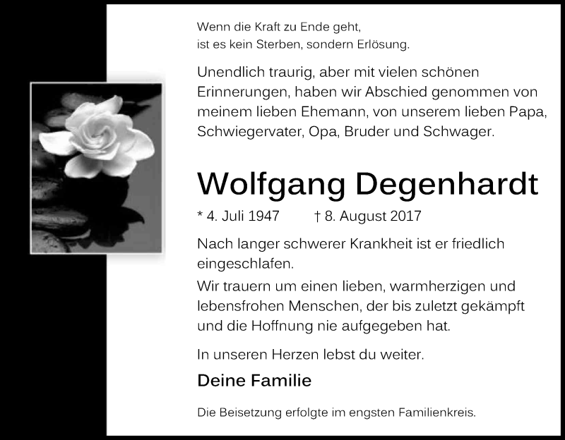  Traueranzeige für Wolfgang Degenhardt vom 09.09.2017 aus Kölner Stadt-Anzeiger / Kölnische Rundschau / Express