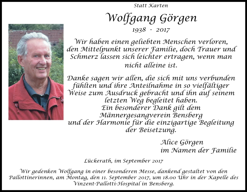  Traueranzeige für Wolfgang Görgen vom 06.09.2017 aus Kölner Stadt-Anzeiger / Kölnische Rundschau / Express