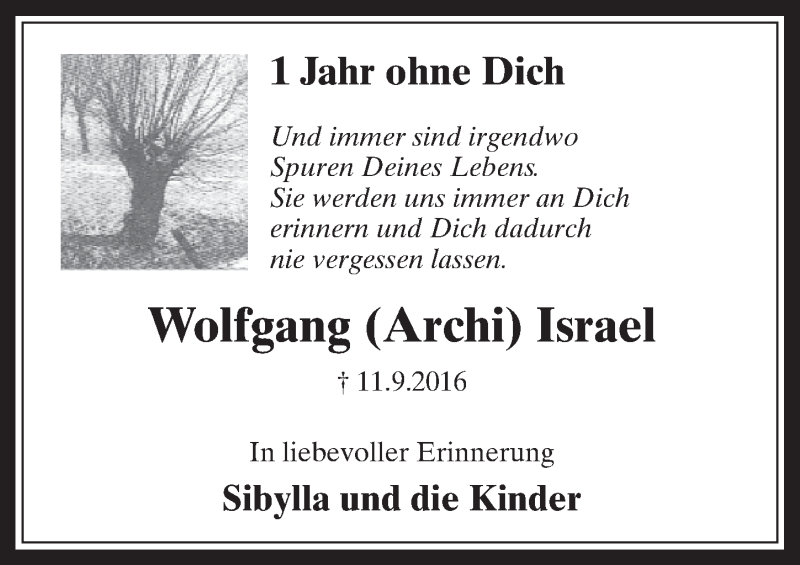  Traueranzeige für Wolfgang Israel vom 09.09.2017 aus  Sonntags-Post 
