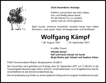 Anzeige von Wolfgang Kämpf von Kölner Stadt-Anzeiger / Kölnische Rundschau / Express