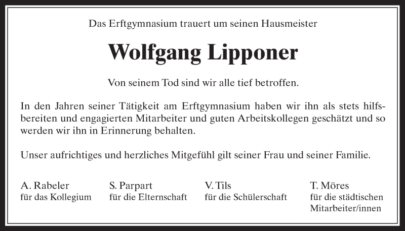  Traueranzeige für Wolfgang Lipponer vom 06.09.2017 aus  Werbepost 