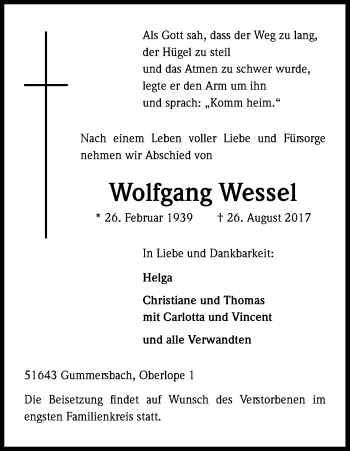 Anzeige von Wolfgang Wessel von Kölner Stadt-Anzeiger / Kölnische Rundschau / Express
