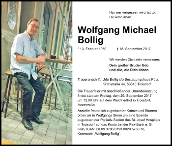 Anzeige von Wolfgang Michael Bollig von Kölner Stadt-Anzeiger / Kölnische Rundschau / Express