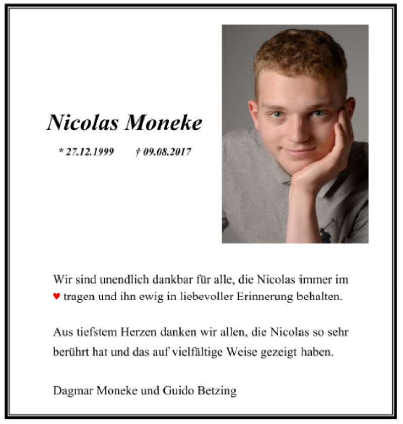  Traueranzeige für Nicolas Moneke vom 09.12.2017 aus  Sonntags-Post 