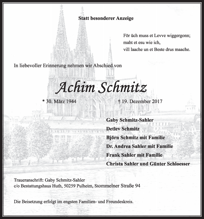  Traueranzeige für Achim Schmitz vom 03.01.2018 aus  Wochenende 