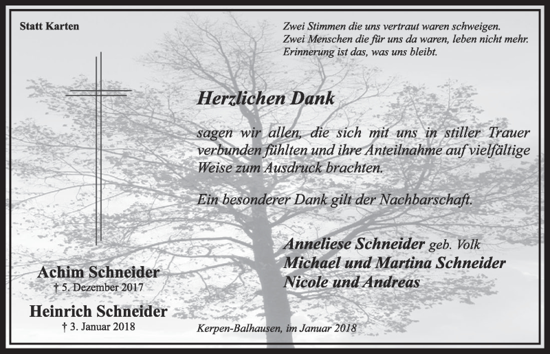  Traueranzeige für Achim Schneider vom 27.01.2018 aus  Sonntags-Post 