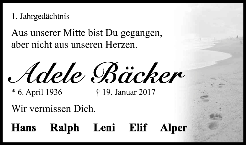  Traueranzeige für Adele Bäcker vom 20.01.2018 aus Kölner Stadt-Anzeiger / Kölnische Rundschau / Express