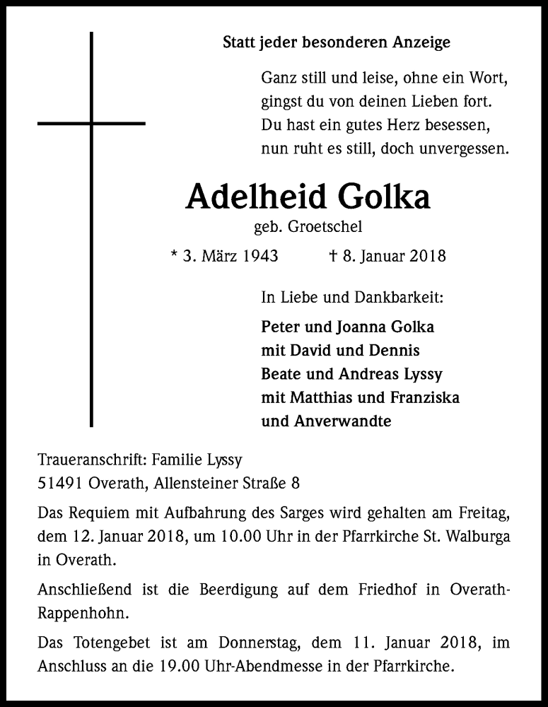  Traueranzeige für Adelheid Golka vom 11.01.2018 aus Kölner Stadt-Anzeiger / Kölnische Rundschau / Express