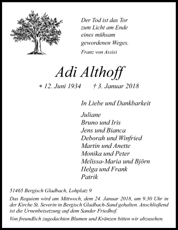 Anzeige von Adi Althoff von Kölner Stadt-Anzeiger / Kölnische Rundschau / Express