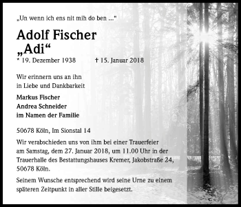 Anzeige von Adolf Fischer von Kölner Stadt-Anzeiger / Kölnische Rundschau / Express