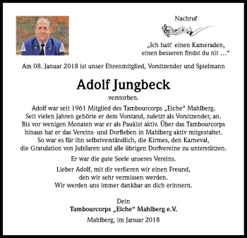 Anzeige von Adolf Jungbeck von Kölner Stadt-Anzeiger / Kölnische Rundschau / Express