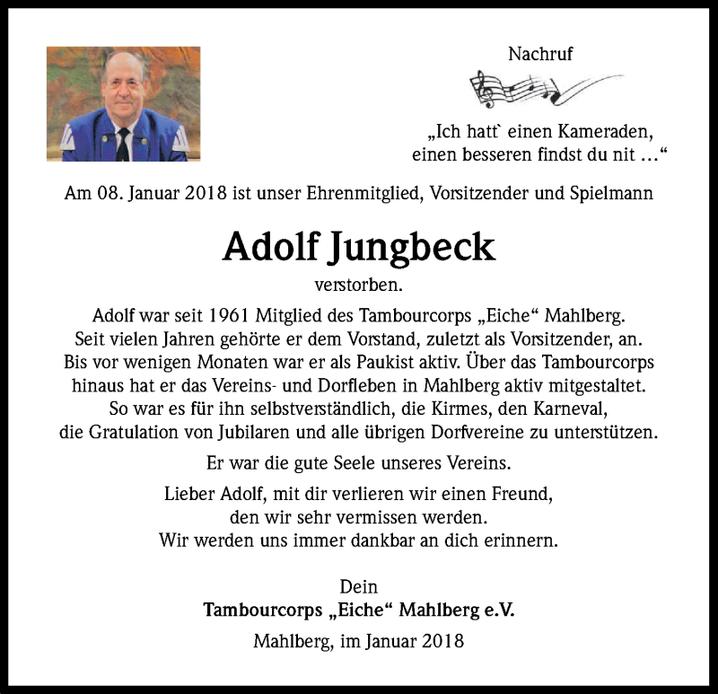  Traueranzeige für Adolf Jungbeck vom 12.01.2018 aus Kölner Stadt-Anzeiger / Kölnische Rundschau / Express