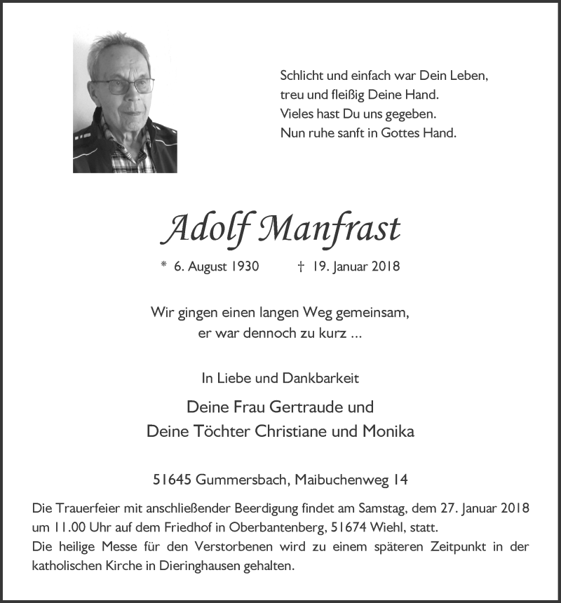 Traueranzeige für Adolf Manfrast vom 24.01.2018 aus  Anzeigen Echo 