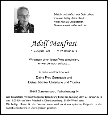 Anzeige von Adolf Manfrast von Kölner Stadt-Anzeiger / Kölnische Rundschau / Express