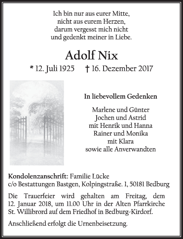  Traueranzeige für Adolf Nix vom 03.01.2018 aus  Werbepost 