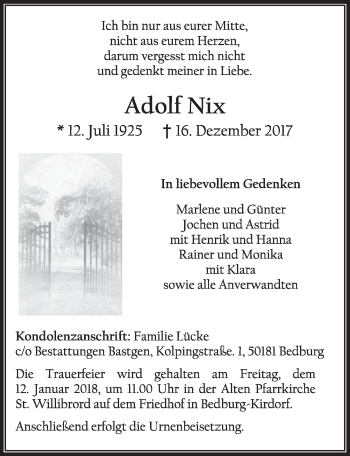 Anzeige von Adolf Nix von  Werbepost 