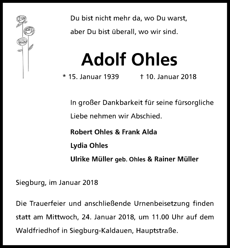  Traueranzeige für Adolf Ohles vom 19.01.2018 aus Kölner Stadt-Anzeiger / Kölnische Rundschau / Express