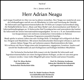 Anzeige von Adrian Neagu von Kölner Stadt-Anzeiger / Kölnische Rundschau / Express
