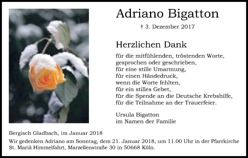  Traueranzeige für Adriano Bigatton vom 12.01.2018 aus Kölner Stadt-Anzeiger / Kölnische Rundschau / Express