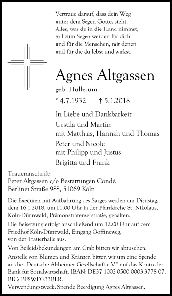 Anzeige von Agnes Altgassen von Kölner Stadt-Anzeiger / Kölnische Rundschau / Express