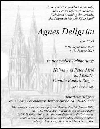 Anzeige von Agnes Dellgrün von Kölner Stadt-Anzeiger / Kölnische Rundschau / Express