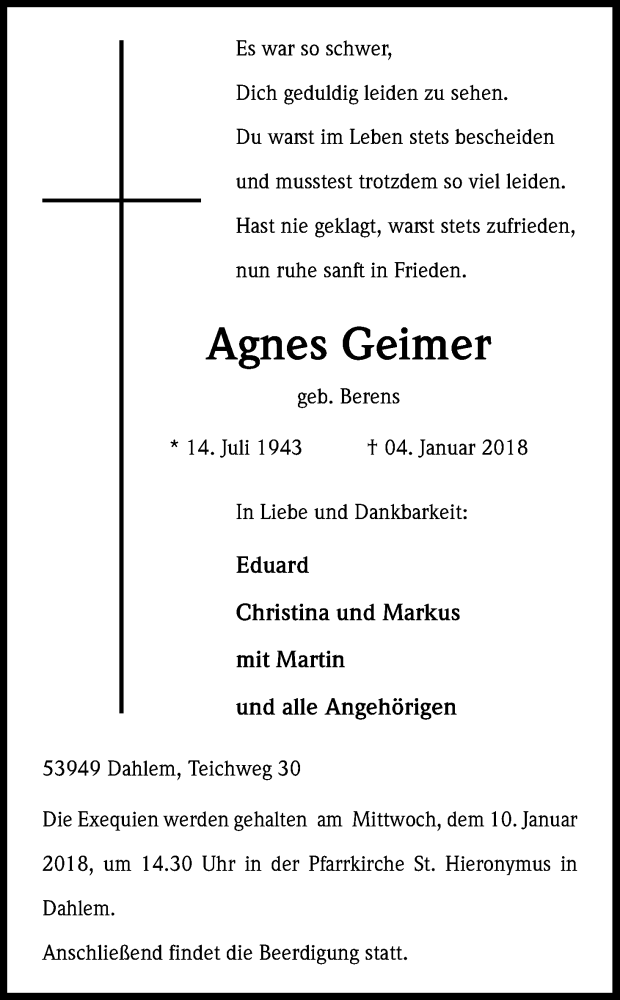  Traueranzeige für Agnes Geimer vom 09.01.2018 aus Kölner Stadt-Anzeiger / Kölnische Rundschau / Express