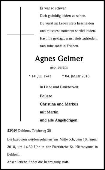 Anzeige von Agnes Geimer von Kölner Stadt-Anzeiger / Kölnische Rundschau / Express