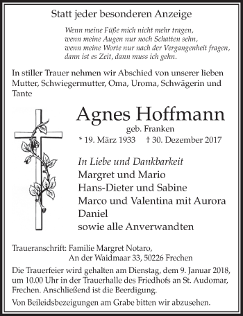 Anzeige von Agnes Hoffmann von  Sonntags-Post 