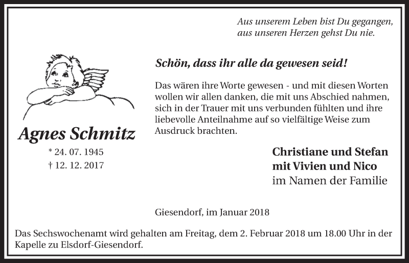  Traueranzeige für Agnes Schmitz vom 20.01.2018 aus  Sonntags-Post 