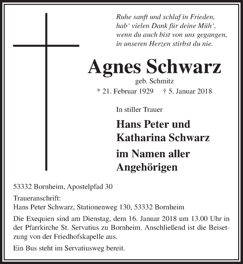  Traueranzeige für Agnes Schwarz vom 10.01.2018 aus  Schaufenster/Blickpunkt 