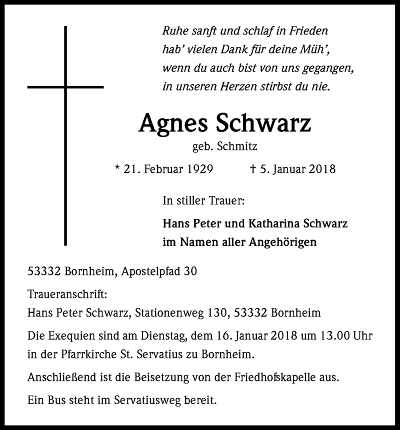  Traueranzeige für Agnes Schwarz vom 10.01.2018 aus Kölner Stadt-Anzeiger / Kölnische Rundschau / Express