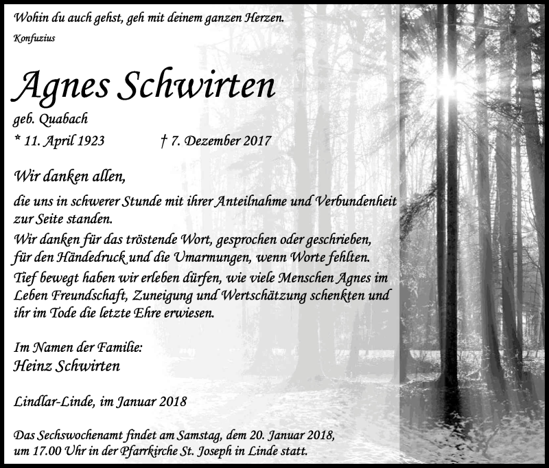 Traueranzeige für Agnes Schwirten vom 13.01.2018 aus Kölner Stadt-Anzeiger / Kölnische Rundschau / Express