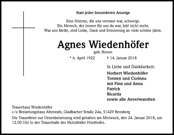 Anzeige von Agnes Wiedenhöfer von Kölner Stadt-Anzeiger / Kölnische Rundschau / Express
