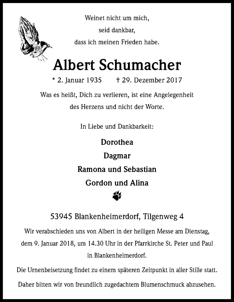  Traueranzeige für Albert Schumacher vom 06.01.2018 aus Kölner Stadt-Anzeiger / Kölnische Rundschau / Express