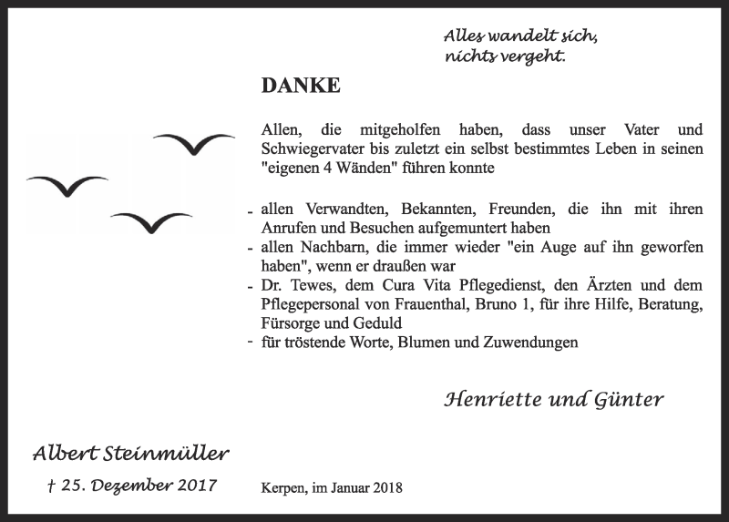  Traueranzeige für Albert Steinmüller vom 20.01.2018 aus  Sonntags-Post 