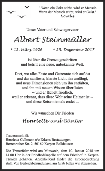 Anzeige von Albert Steinmüller von  Sonntags-Post 