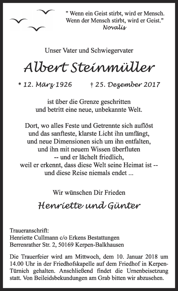  Traueranzeige für Albert Steinmüller vom 06.01.2018 aus  Sonntags-Post 