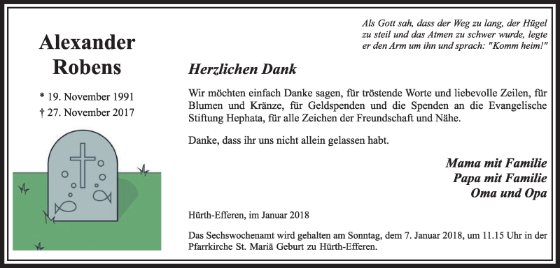  Traueranzeige für Alexander Robens vom 03.01.2018 aus  Wochenende 