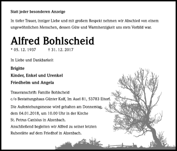 Anzeige von Alfred Bohlscheid von Kölner Stadt-Anzeiger / Kölnische Rundschau / Express