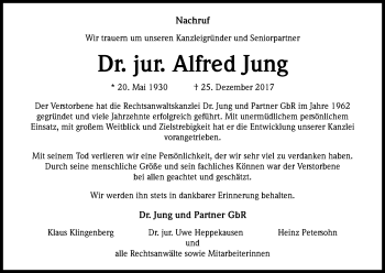Anzeige von Alfred Jung von Kölner Stadt-Anzeiger / Kölnische Rundschau / Express
